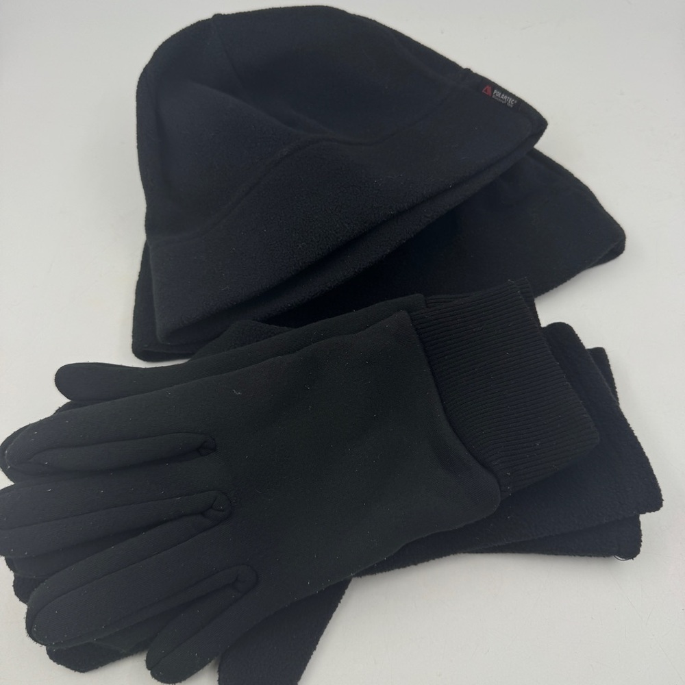 2 SETS Lands' End Black Polartec Fleece Beanie Snuggler Hat and Casual Gloves OS - Picture 2 of 14